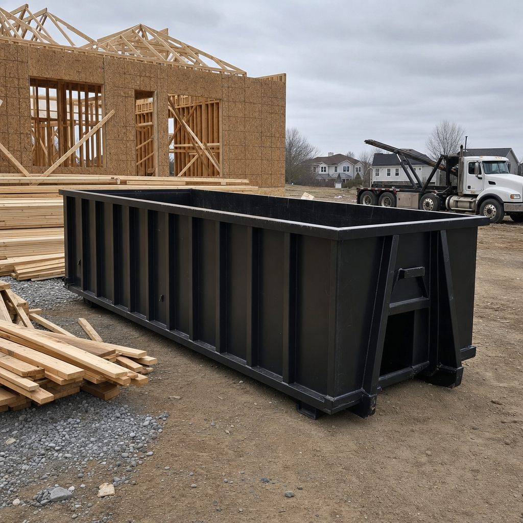 Matte-black 40-yard roll-off dumpster staged on a framed-out residential construction site in Nashville, framing lumber stacked nearby, hooklift delivery truck visible in the background under bright Colorado daylight