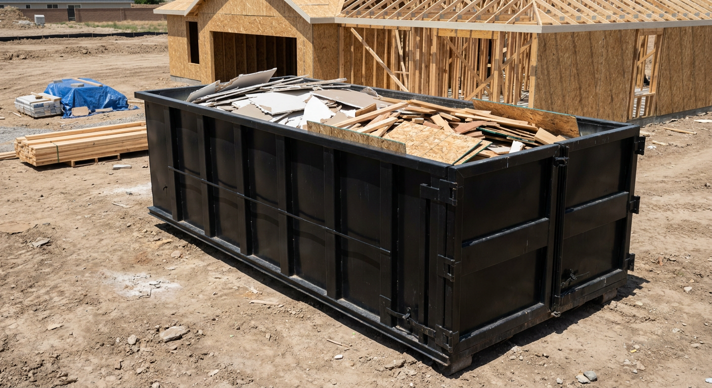 Matte-black 30-yard roll-off construction dumpster sitting directly on the compacted-dirt site of a framed single-family home build in Nashville, drywall and lumber scrap loaded inside.