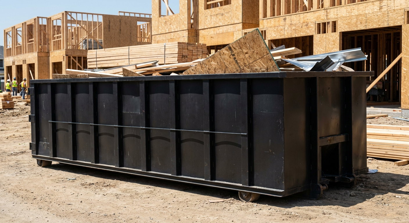 Matte-black 40-yard roll-off construction dumpster being lowered from a white-cab hooklift delivery truck onto the compacted-dirt jobsite at a commercial build site in Nashville