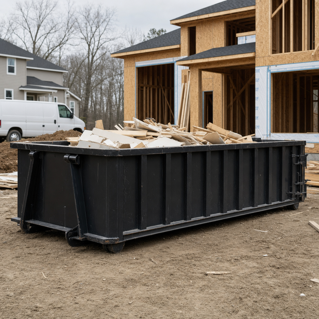 Worker in a yellow high-visibility vest tossing framing lumber and broken drywall into a matte-black 30-yard construction roll-off dumpster on an active build site in Nashville, bright daylight