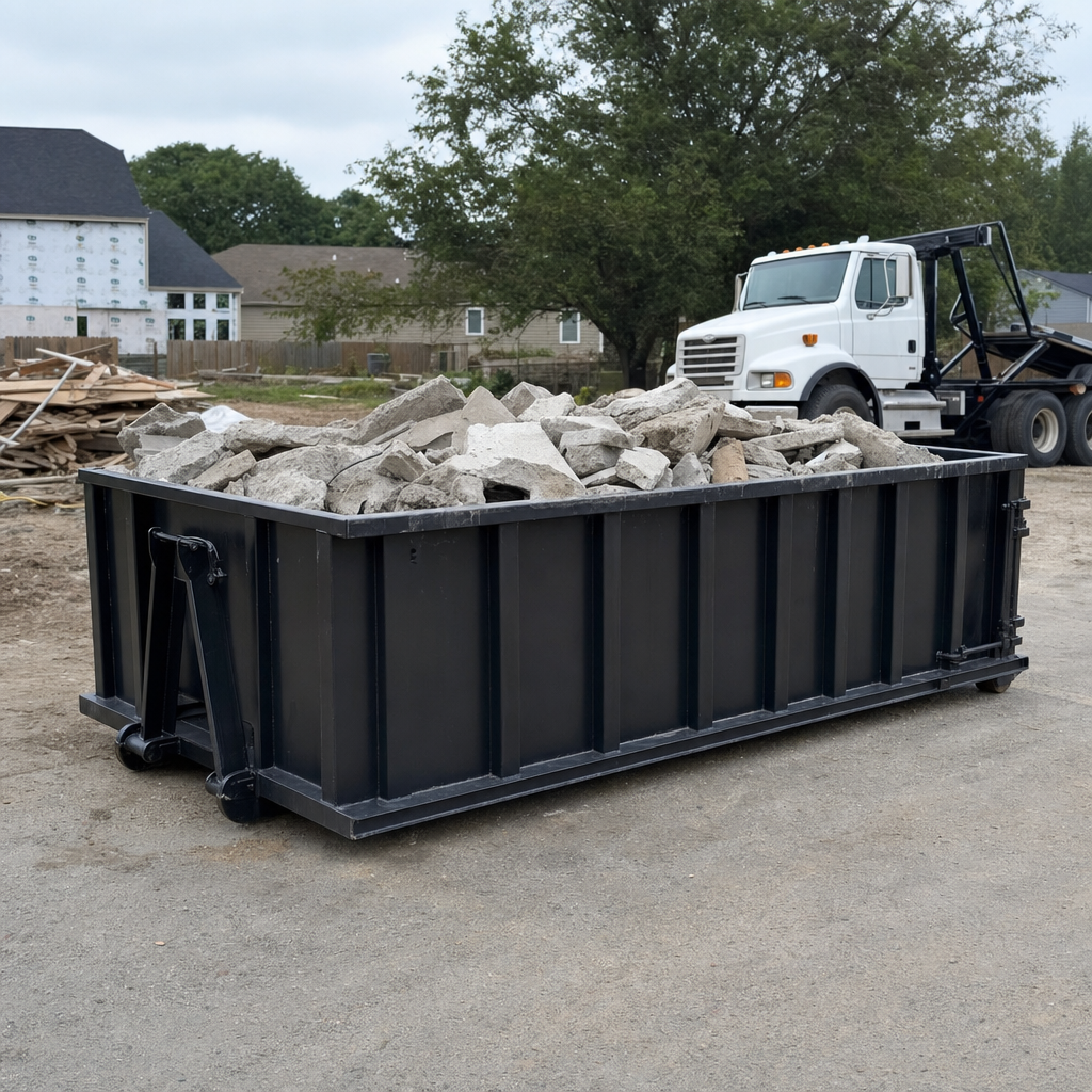 Low-profile matte-black lowboy roll-off dumpster loaded with broken concrete slab and rebar at a foundation tear-out in Nashville, skid steer parked beside it, sunny Colorado morning