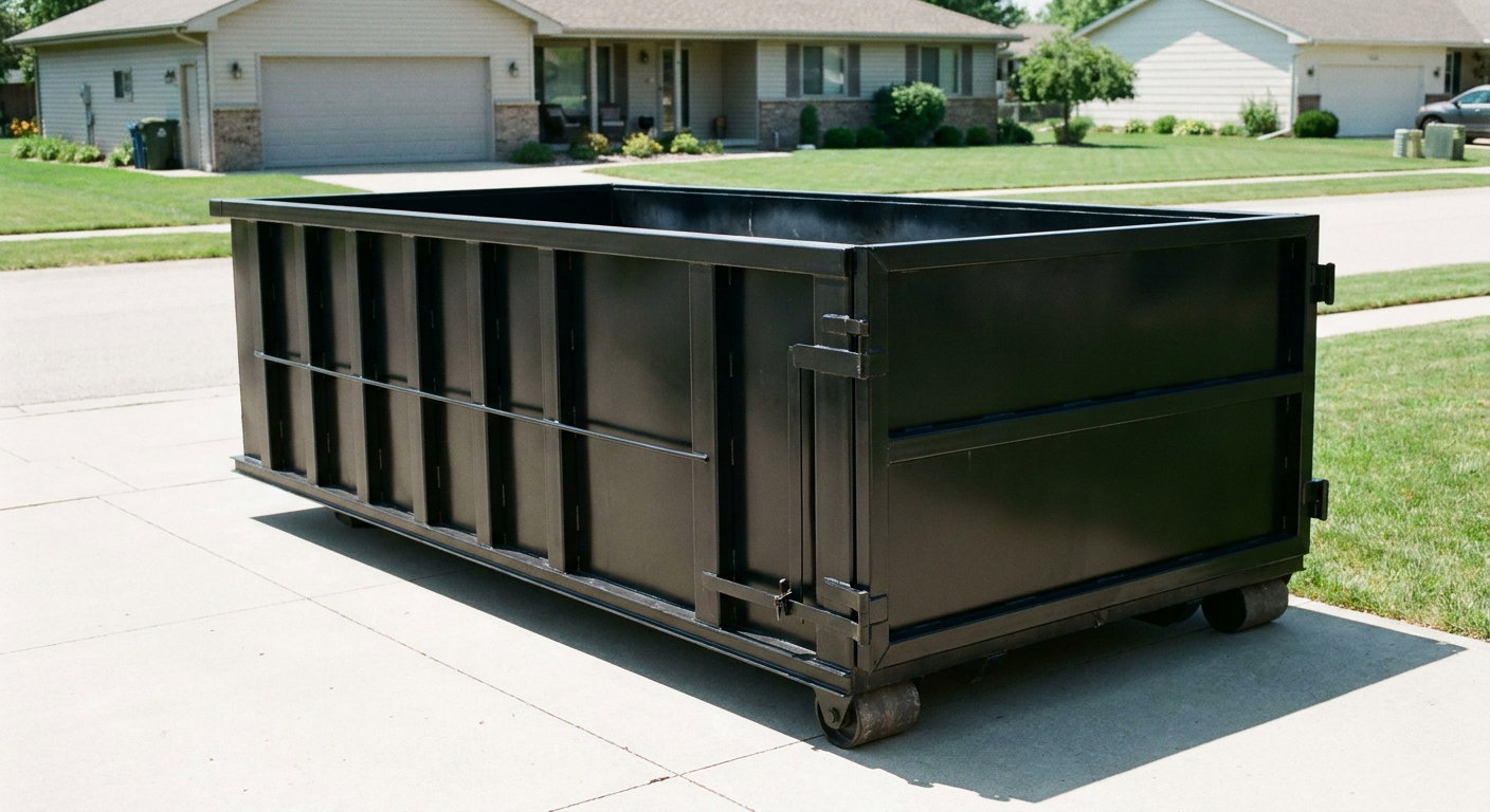 Matte-black 10-yard roll-off dumpster on a residential concrete driveway in Nashville, uniformly painted matte black across every panel and rail, ribbed steel sidewalls and rear swing door visible, mid-day daylight.