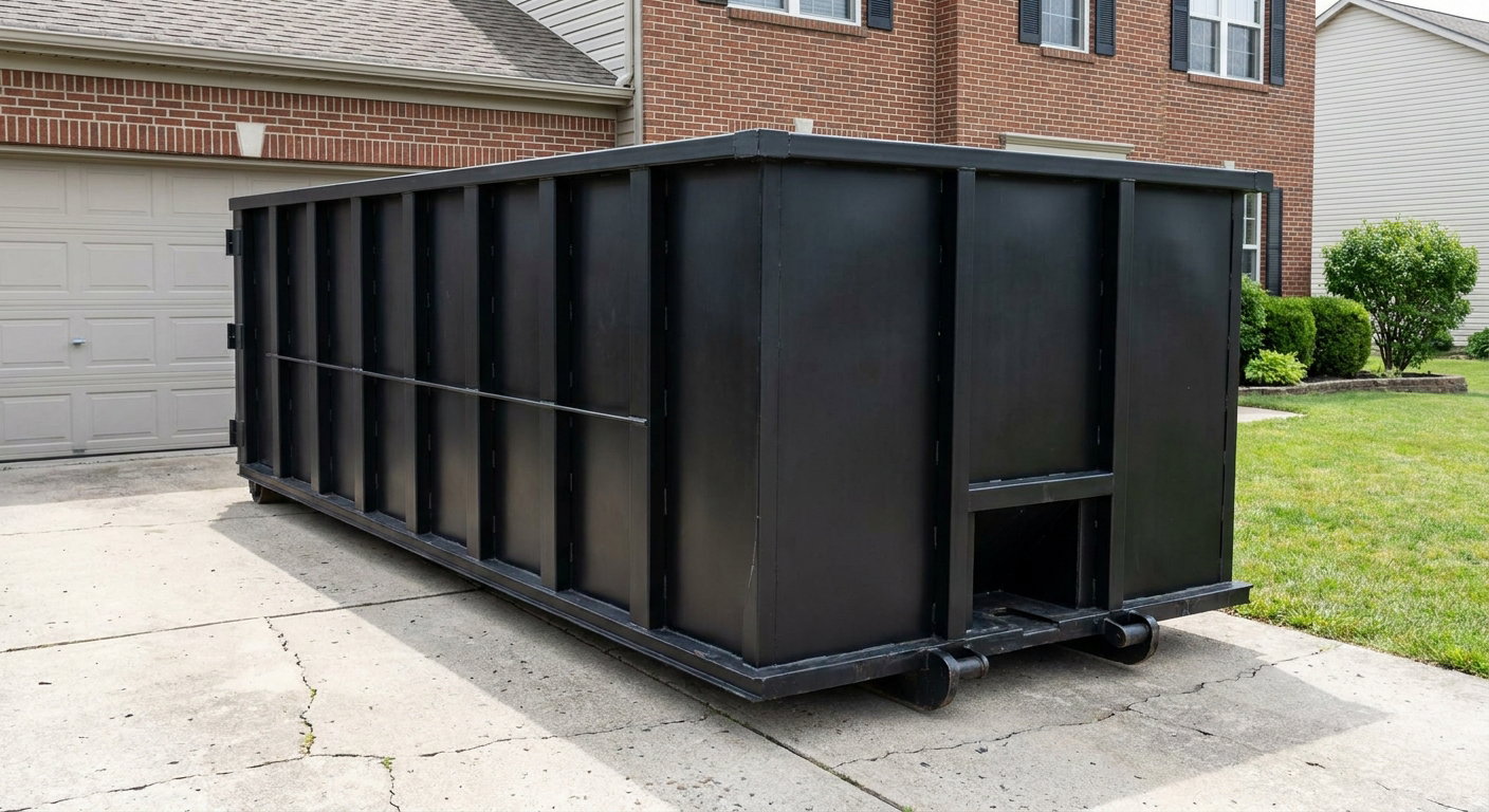 Matte-black 20-yard roll-off container on a Nashville residential concrete driveway with reinforced ribbed steel sidewalls and a hinged rear walk-in door, clean bright daylight.