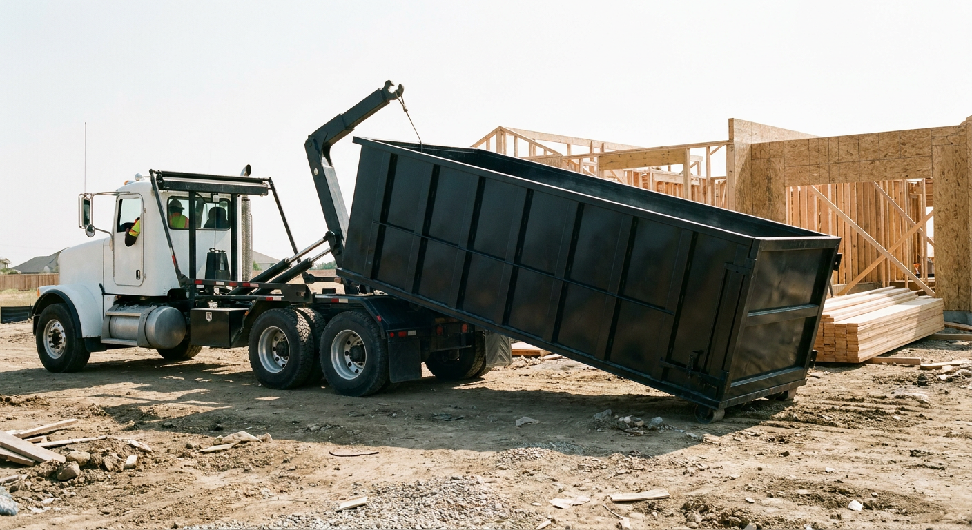 Matte-black roll-off dumpster being delivered onto a clean residential concrete driveway in Nashville by an unmarked white hooklift hauler truck, bright morning daylight, documentary 35mm perspective.