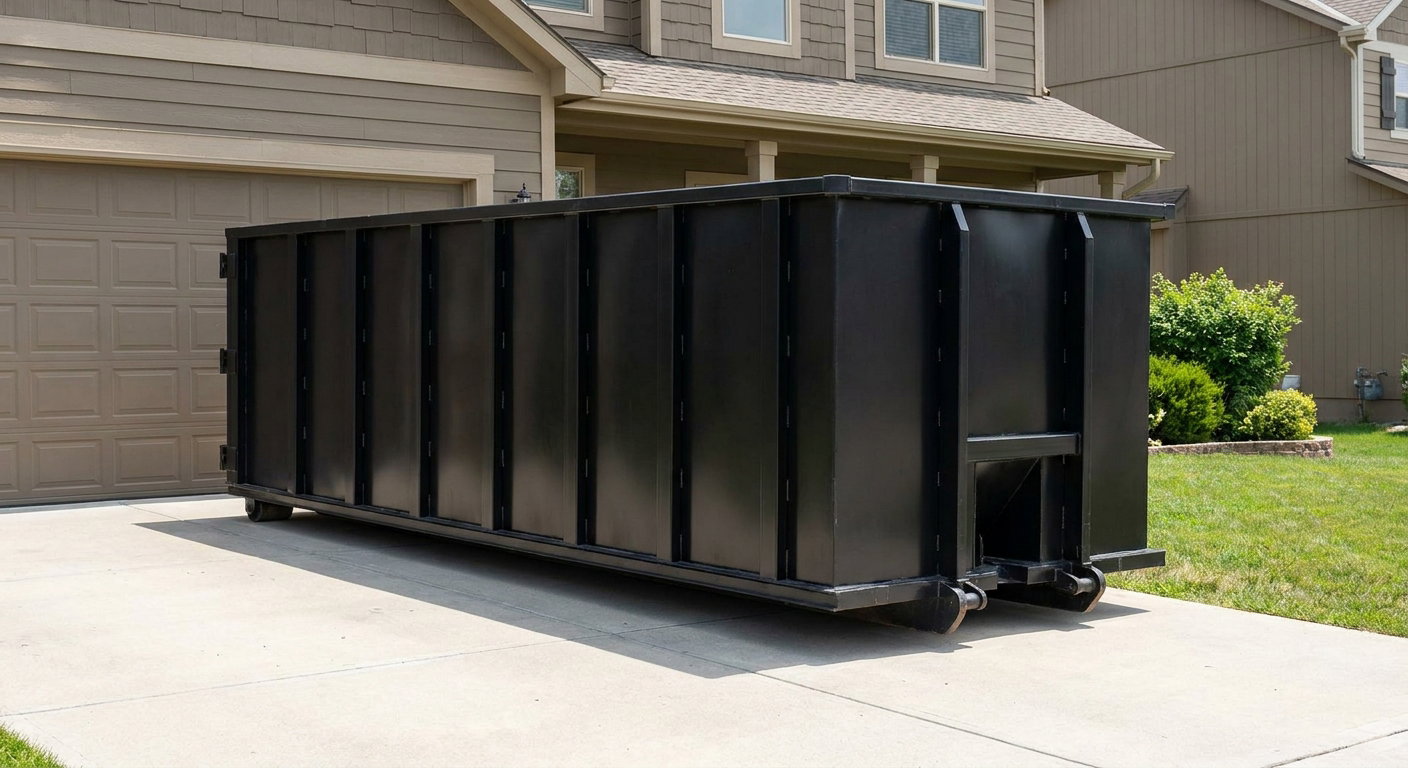 Matte-black residential roll-off dumpster sitting directly on a suburban Nashville concrete driveway, garage door closed, single-family home in background, bright morning daylight.