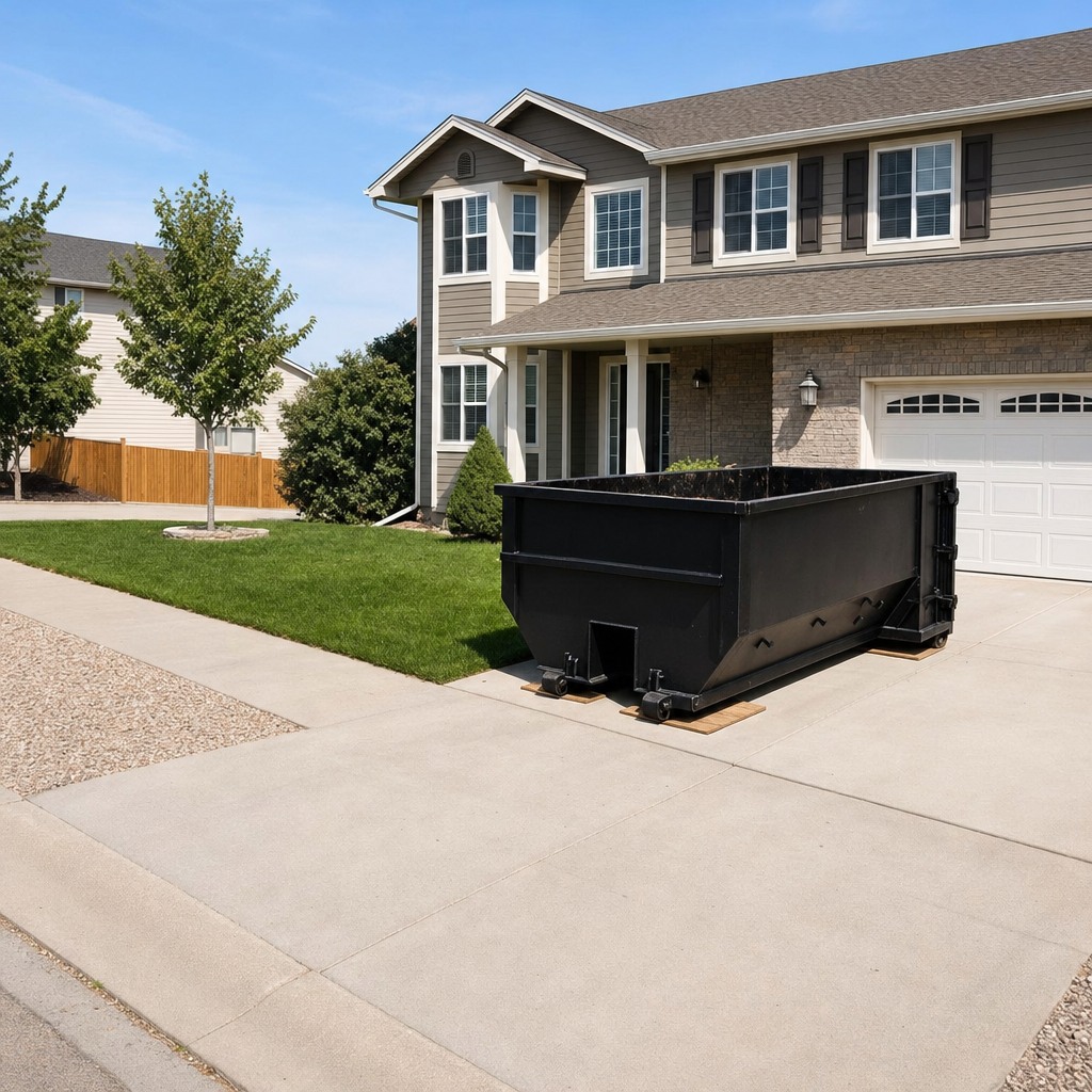 10-yard matte-black residential dumpster placed directly on a narrow Nashville concrete driveway, room remains for a parked sedan beside it, mid-morning natural light