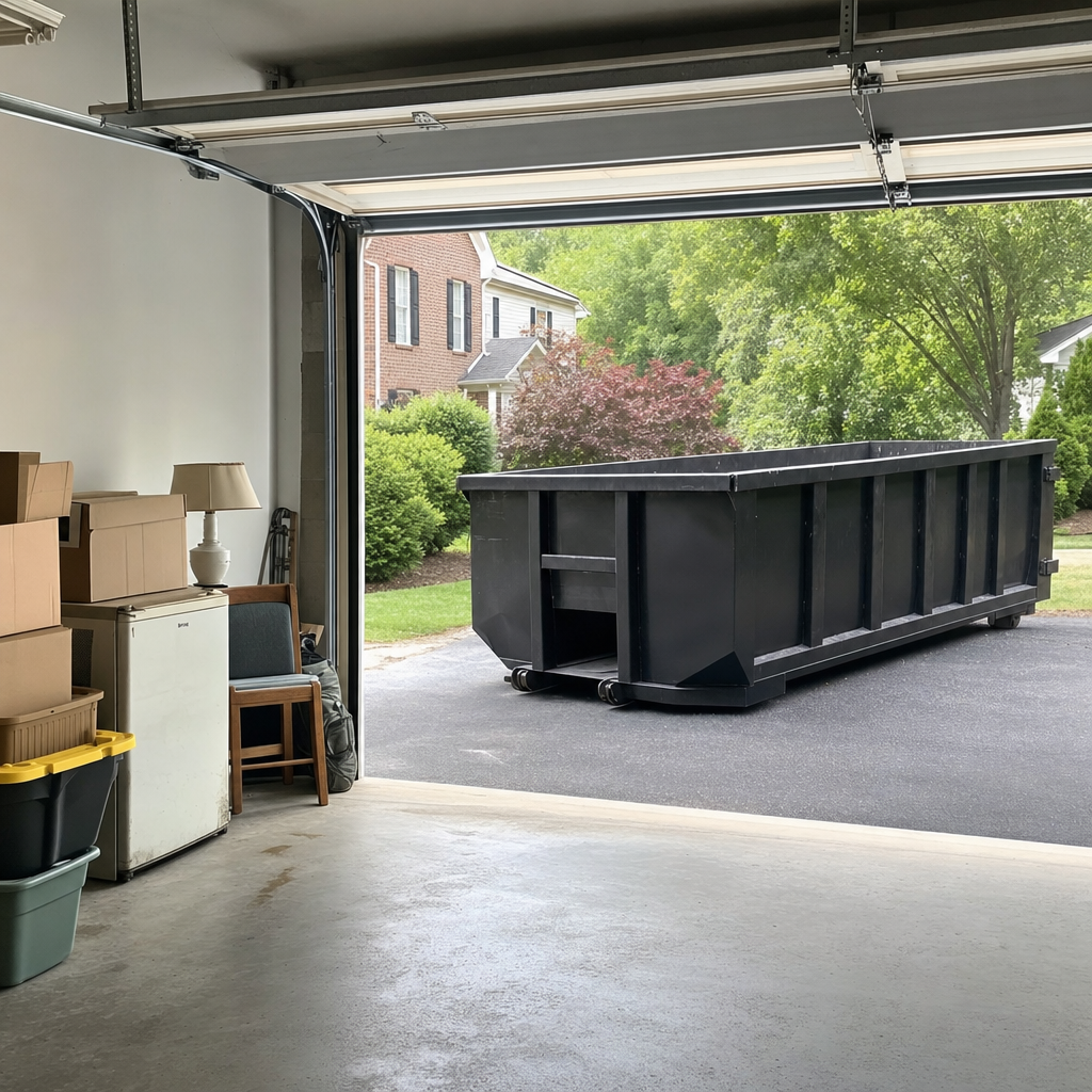 Open garage interior in a Nashville home mid-cleanout — boxed items, an old appliance, and stacked yard tools queued near the driveway for a matte-black roll-off dumpster, organized and calm