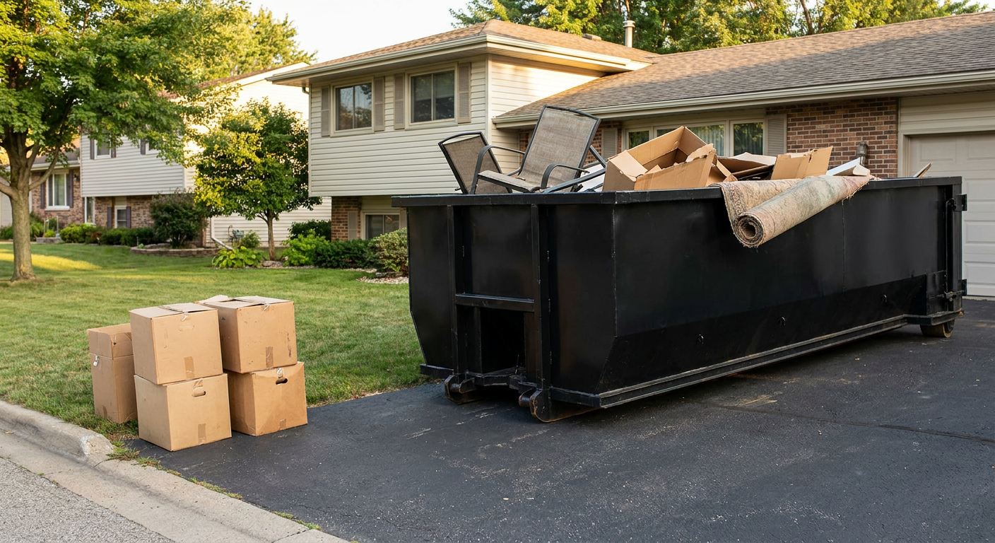 Front-yard view of a Nashville split-level home with a 20-yard matte-black roll-off dumpster sitting directly on the asphalt driveway, a few clearly labeled donation boxes staged at the curb, calm sunny afternoon.