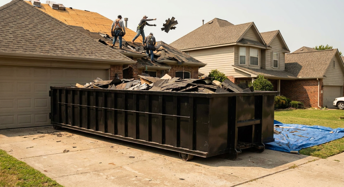 Matte-black roofing roll-off dumpster placed directly on a Nashville residential concrete driveway, a tear-off crew on a two-story asphalt-shingle roof tossing shingle bundles into the low-walled container, bright daylight, documentary 35mm perspective.