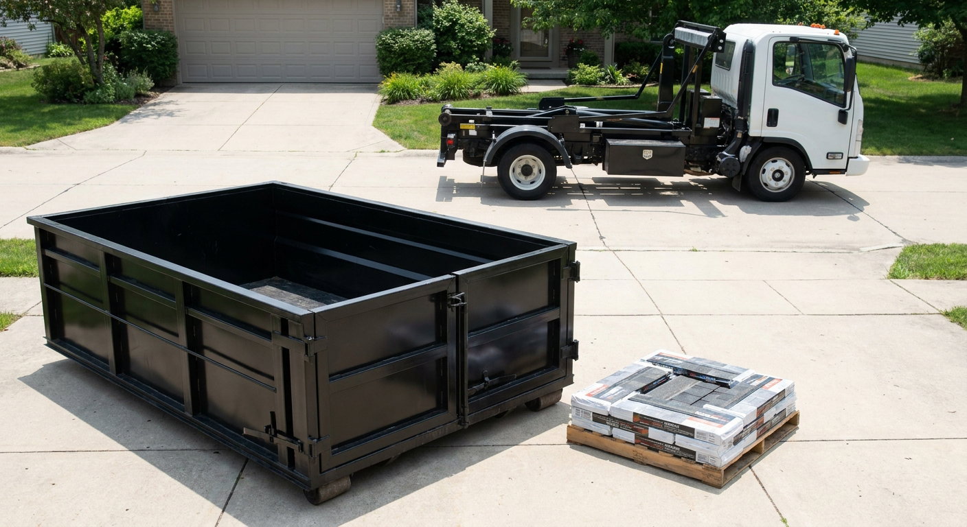 Matte-black 15-yard roofing roll-off dumpster with reinforced low side walls sitting directly on a Nashville residential concrete driveway, three-tab asphalt shingle bundles stacked nearby, an unmarked white hauler truck partially visible at the edge of the frame.