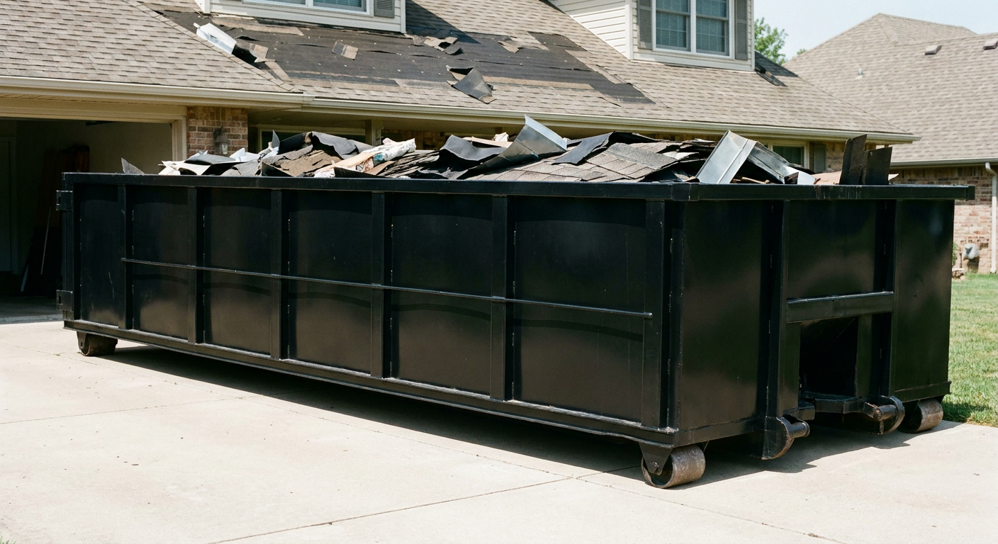 Matte-black 20-yard roofing roll-off dumpster with steel ribbed sides and swinging rear door, sitting directly on the concrete driveway of a two-story Nashville home, asphalt shingle debris being loaded over the low wall, clean documentary lighting.
