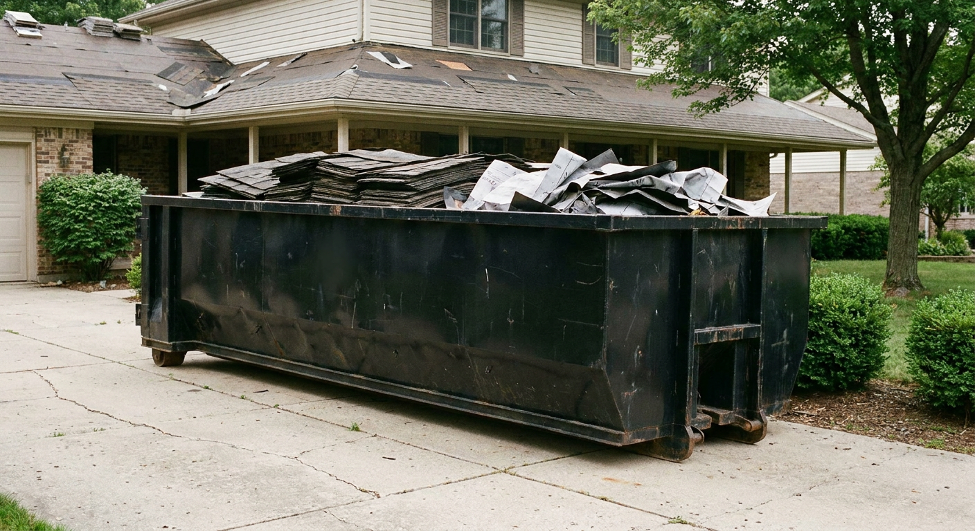 Matte-black 30-yard roofing roll-off dumpster sitting directly on a Nashville concrete driveway, taller ribbed steel side panels, mixed tear-off debris of asphalt shingles and underlayment inside, professional documentary daylight.