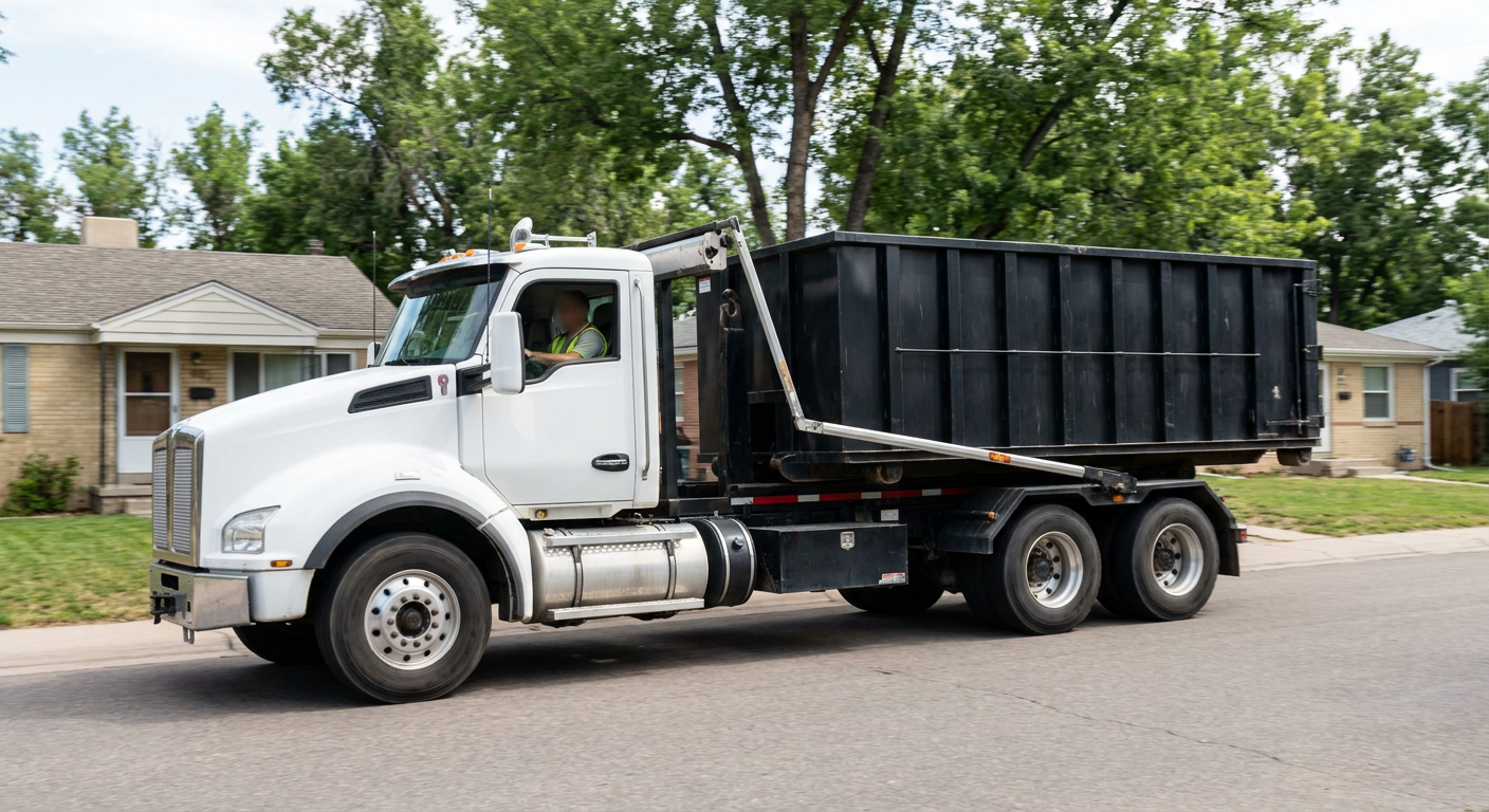 A wide documentary shot of a matte-black roll-off delivery truck pulling onto a quiet Nashville residential street at mid-morning, with neighborhood rooftops and tree-lined blocks visible behind, showing the metro coverage footprint.