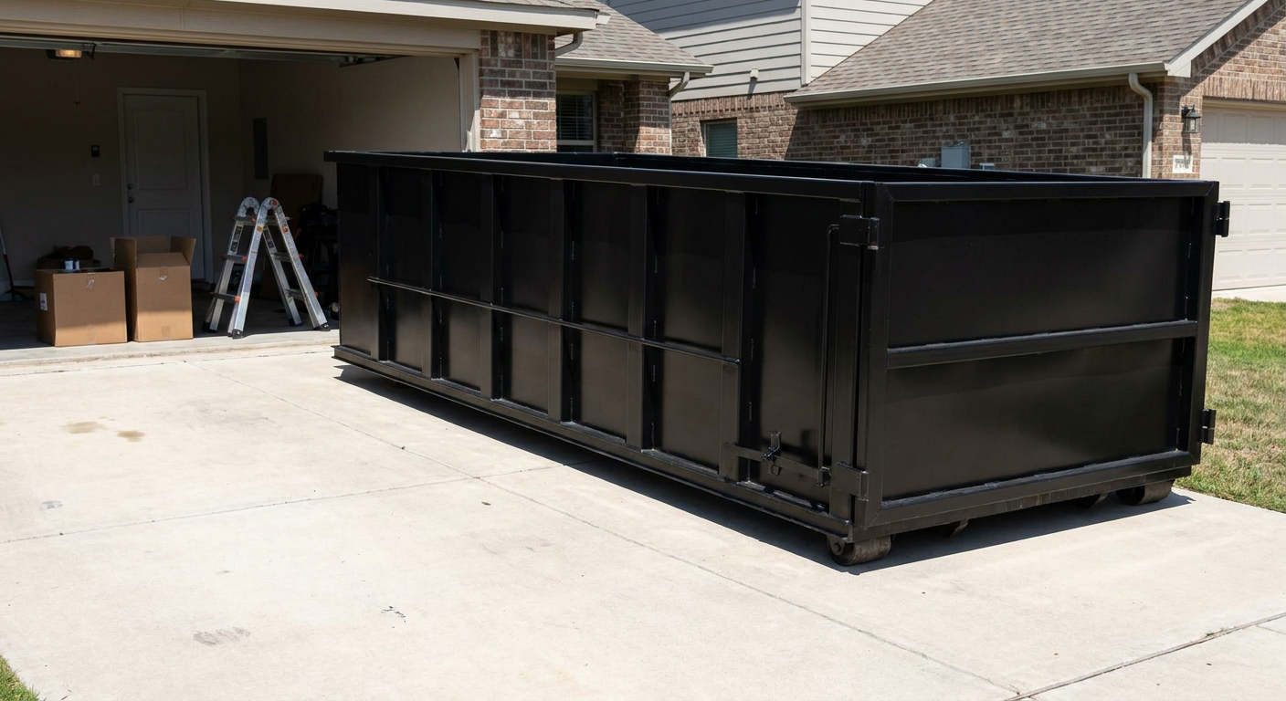 A matte-black 10-yard roll-off dumpster sitting directly on a residential Nashville concrete driveway, mid-day sunlight, clean and ready for a garage cleanout.
