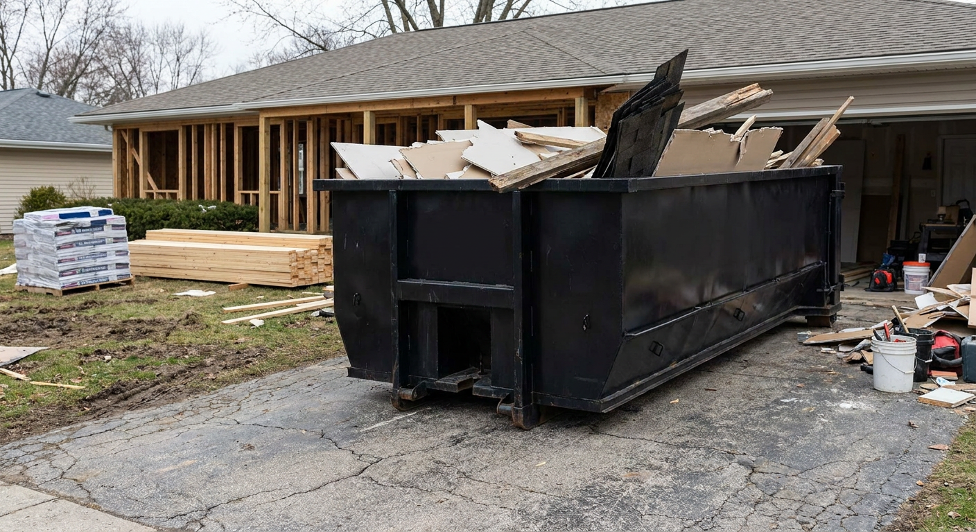 A matte-black 20-yard roll-off dumpster placed alongside a mid-renovation Nashville home directly on the asphalt driveway, with framing materials and torn-off shingles staged neatly nearby.