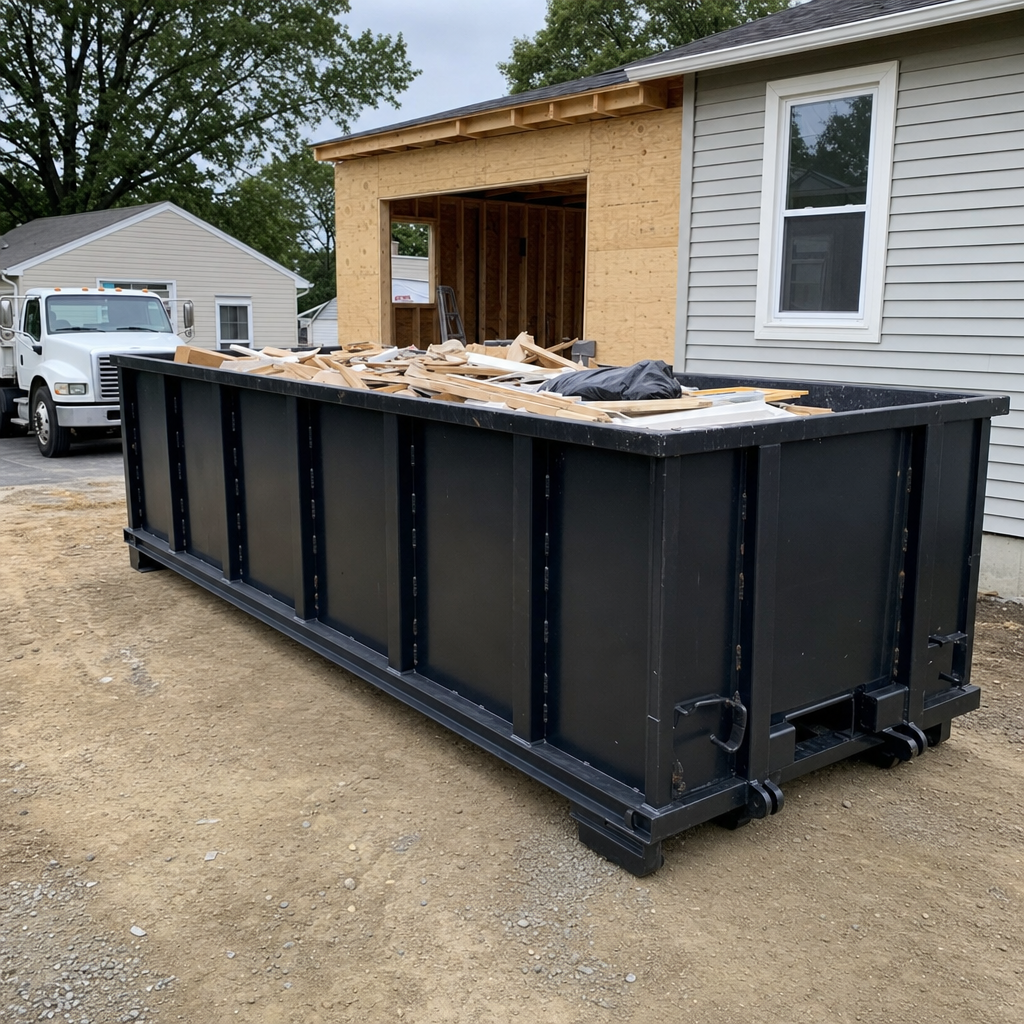 A matte-black 30-yard roll-off dumpster positioned at a Nashville residential addition jobsite, with framing lumber and drywall scraps loaded through the open swinging rear doors.