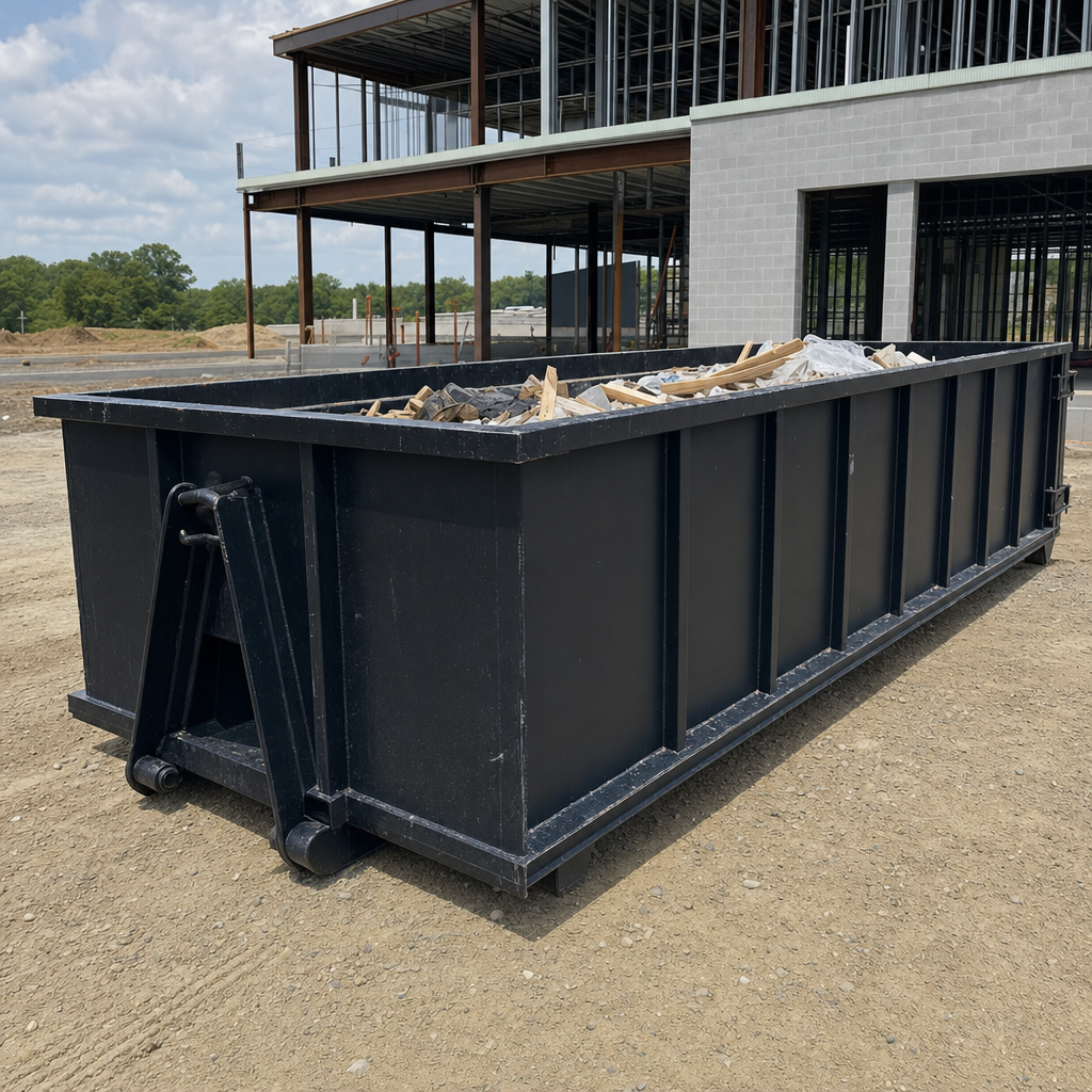 A matte-black 40-yard roll-off dumpster staged on a large Nashville commercial construction lot, with a hooklift delivery truck parked alongside under bright midday sky.