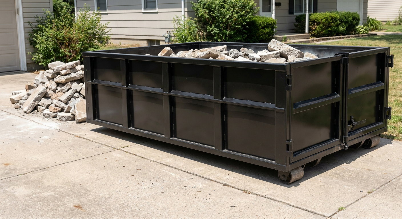 A matte-black low-side heavy-debris roll-off dumpster placed directly on a Nashville concrete driveway, with broken concrete chunks neatly stacked beside it under clean daylight.